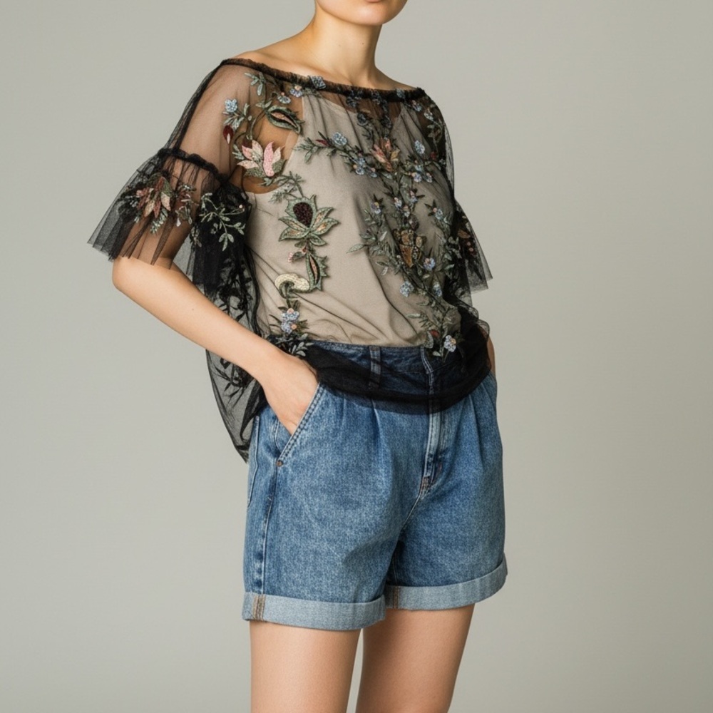 ZARA Woman Black Mesh Embroidered Floral Top Sheer Oversized S